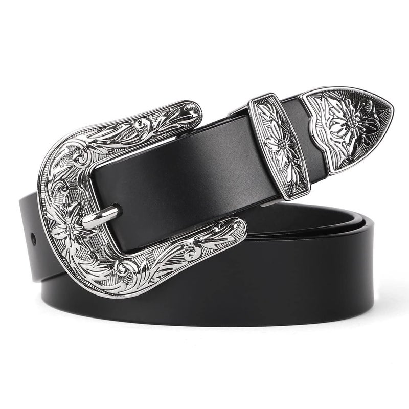 JASGOOD Women Leather Belts Ladies Vintage Western Belt Cowboy Cowgirl Country Belt Design Black Waist Belts for Pants Jeans Dresses - Image 1